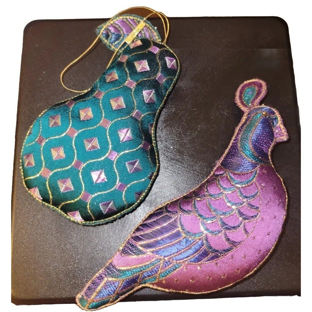 Partridge & Pear Plush Christmas Ornaments Purple & Teal Vintage Avon 1984
